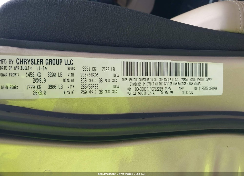 2015 DODGE DURANGO VIN: 1C4SDHET1FC702219