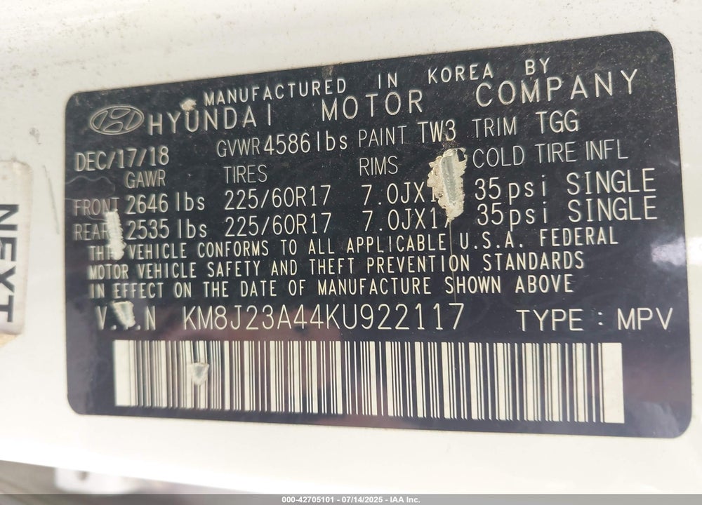 2019 HYUNDAI TUCSON VIN: KM8J23A44KU922117
