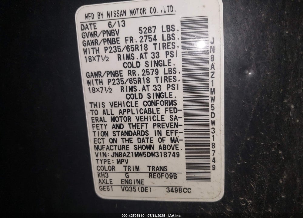 2013 NISSAN MURANO VIN: JN8AZ1MW5DW318749