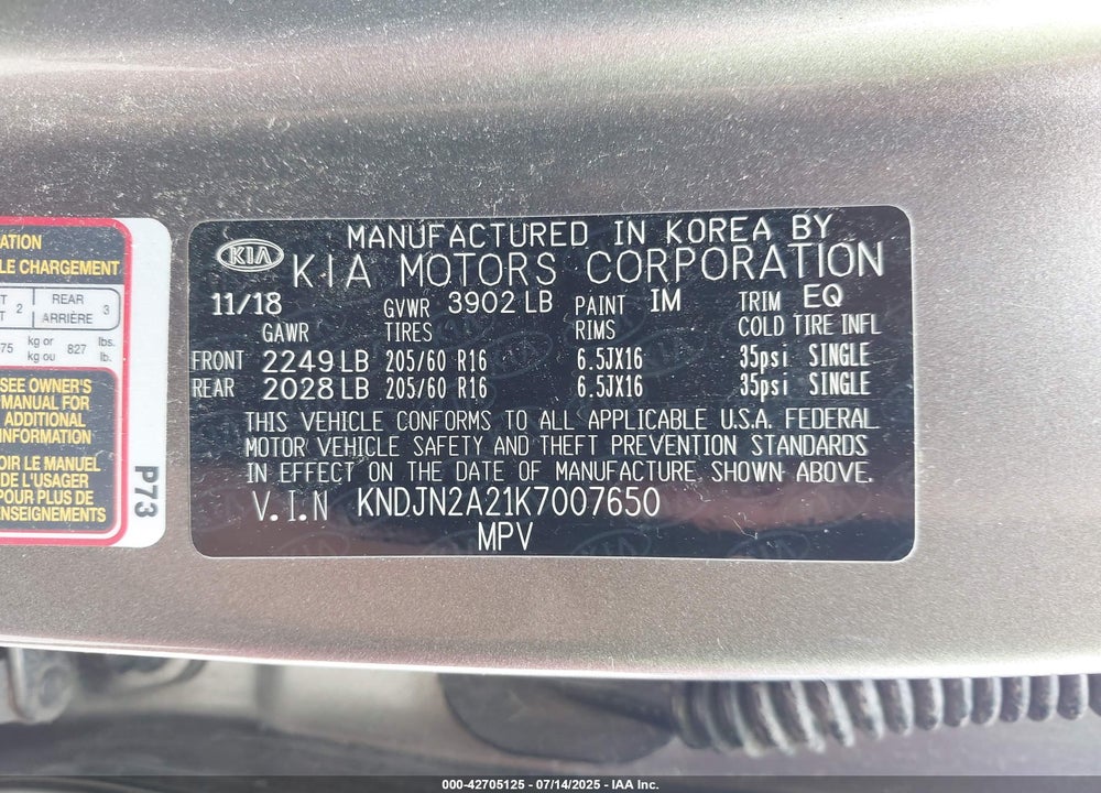 2019 KIA SOUL VIN: KNDJN2A21K7007650