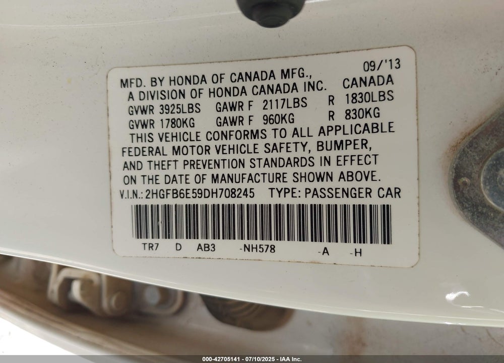 2013 HONDA CIVIC VIN: 2HGFB6E59DH708245