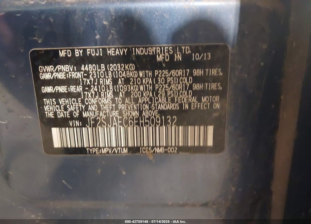 2014 SUBARU FORESTER VIN: JF2SJAEC6EH509132