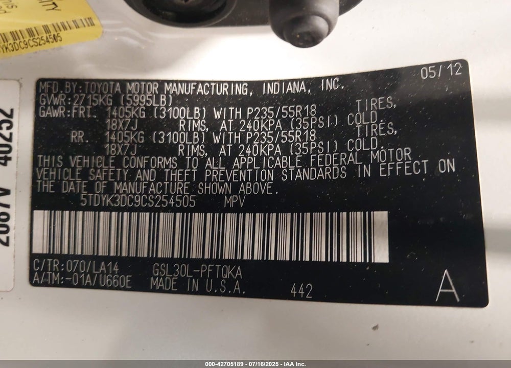 2012 TOYOTA SIENNA LIMITED V6 7 PASSENGER VIN: 5TDYK3DC9CS254505