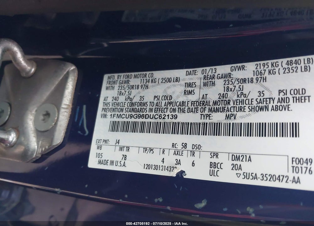 2013 FORD ESCAPE SE VIN: 1FMCU9G96DUC62139