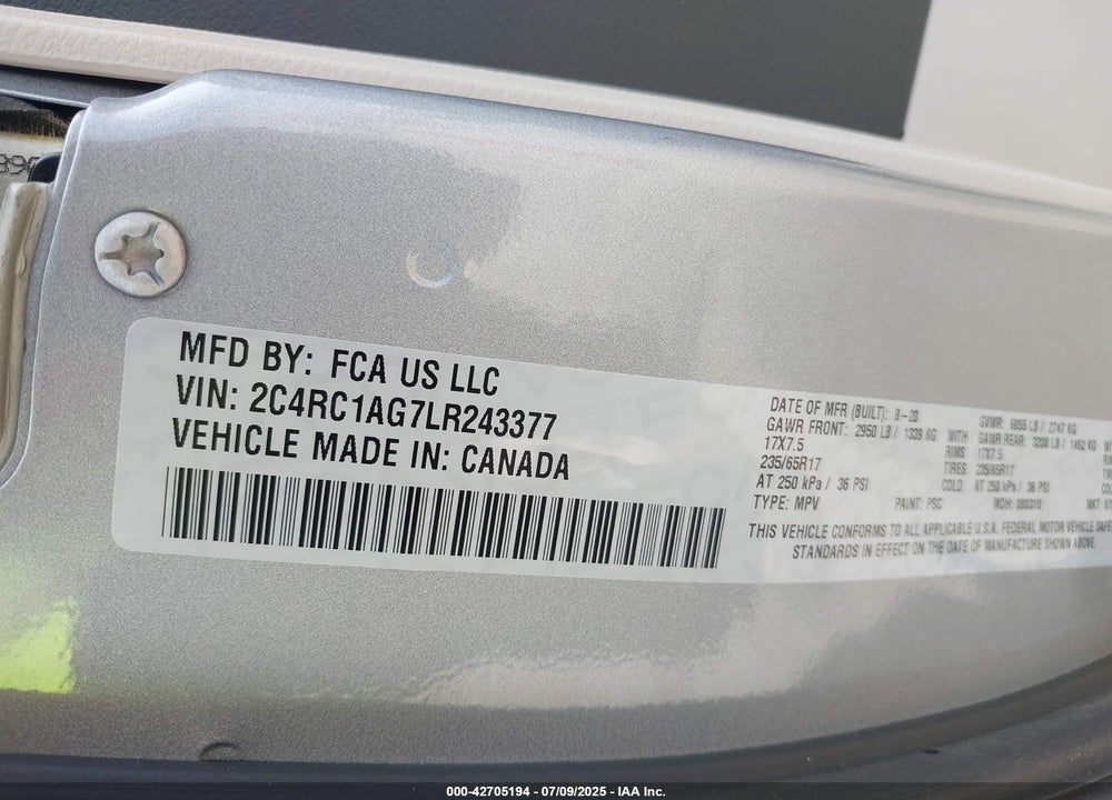 2020 CHRYSLER VOYAGER L VIN: 2C4RC1AG7LR243377