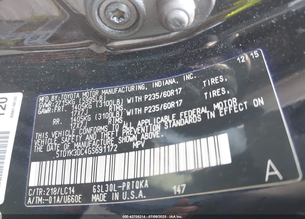 2016 TOYOTA SIENNA XLE 8 PASSENGER VIN: 5TDYK3DC4GS691172