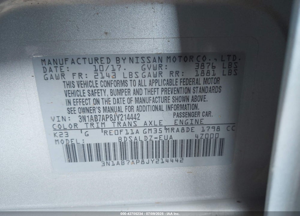 2018 NISSAN SENTRA VIN: 3N1AB7AP8JY214442