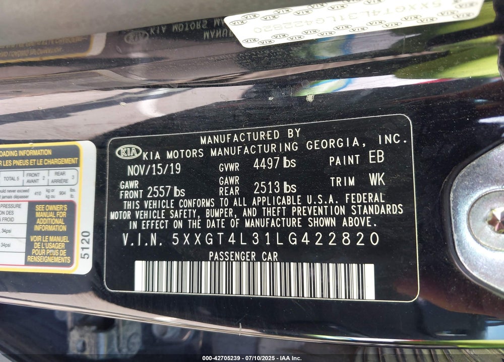 2020 KIA OPTIMA VIN: 5XXGT4L31LG422820