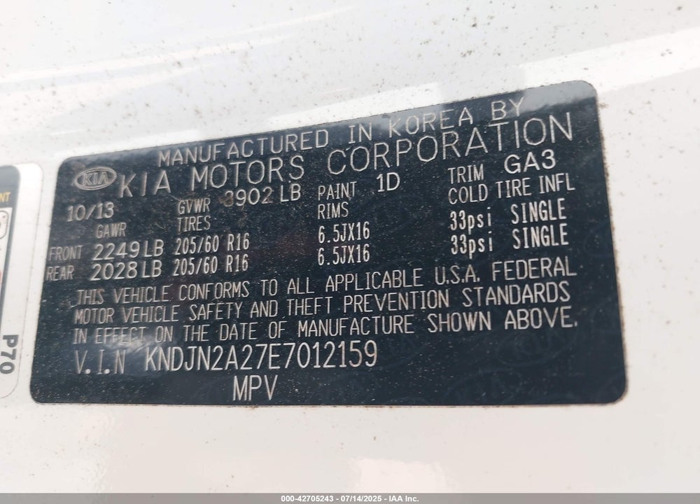 2014 KIA SOUL VIN: KNDJN2A27E7012159