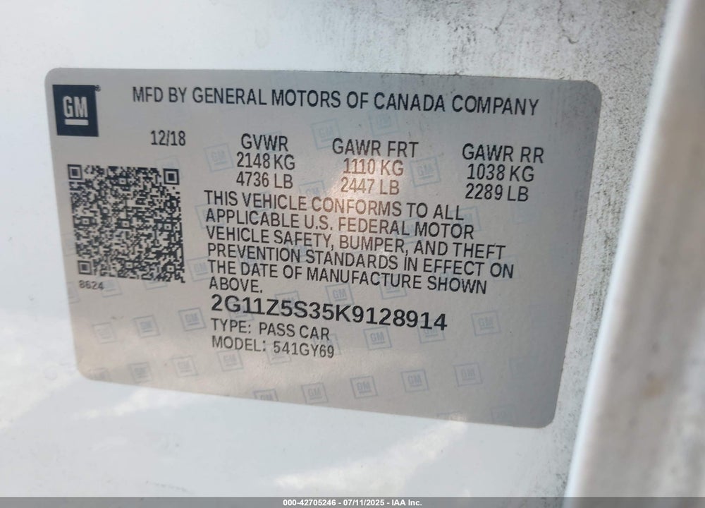 2019 CHEVROLET IMPALA VIN: 2G11Z5S35K9128914