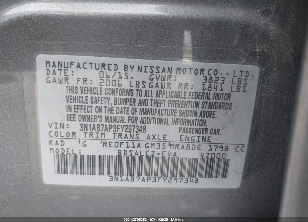 2015 NISSAN SENTRA VIN: 3N1AB7AP3FY297348