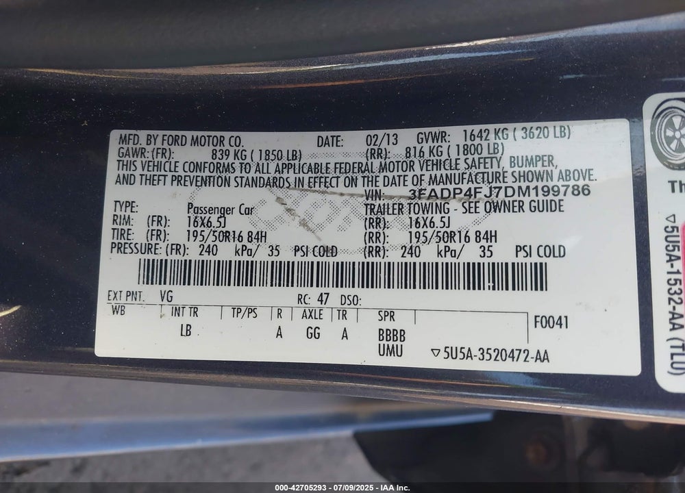 2013 FORD FIESTA VIN: 3FADP4FJ7DM199786
