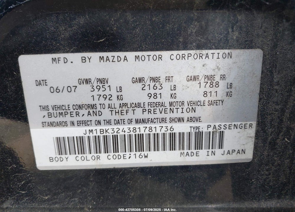 2008 MAZDA 3 S SPORT VIN: JM1BK324381781736