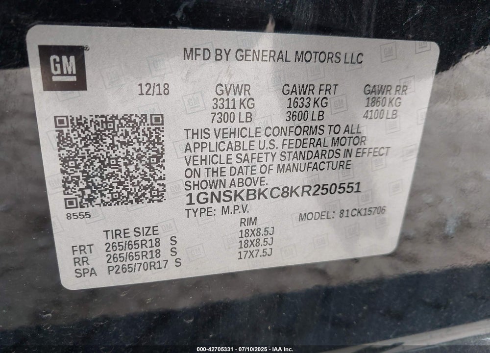 2019 CHEVROLET TAHOE VIN: 1GNSKBKC8KR250551
