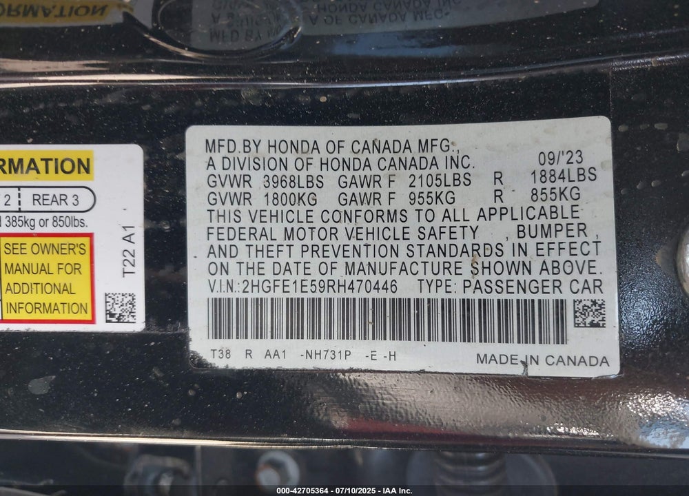 2024 HONDA CIVIC VIN: 2HGFE1E59RH470446