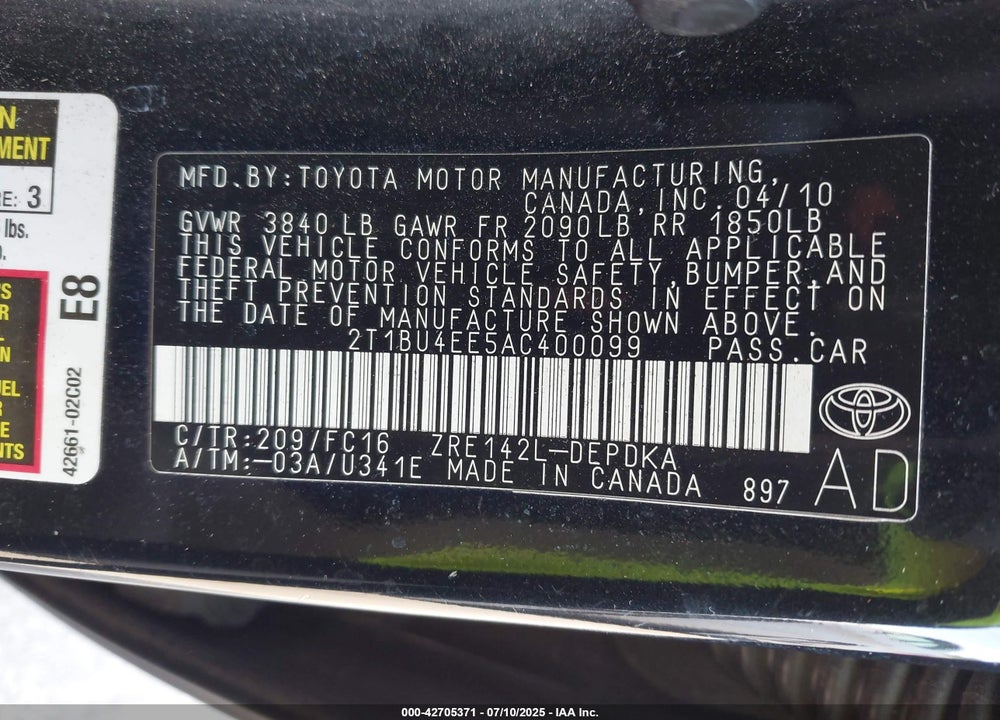 2010 TOYOTA COROLLA VIN: 2T1BU4EE5AC400099