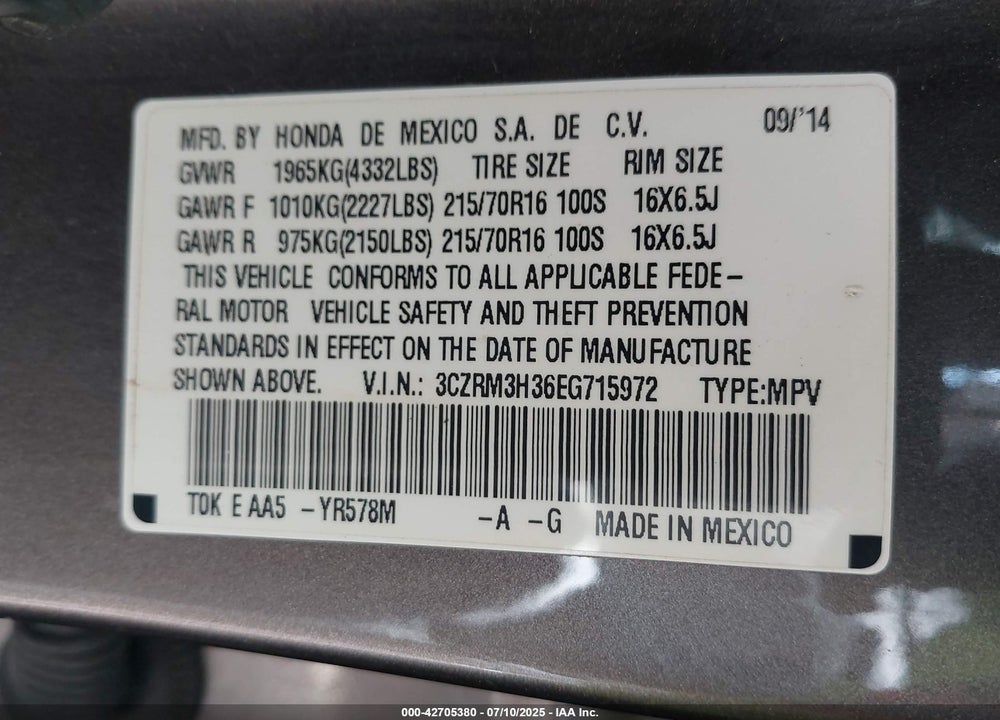 2014 HONDA CR-V VIN: 3CZRM3H36EG715972