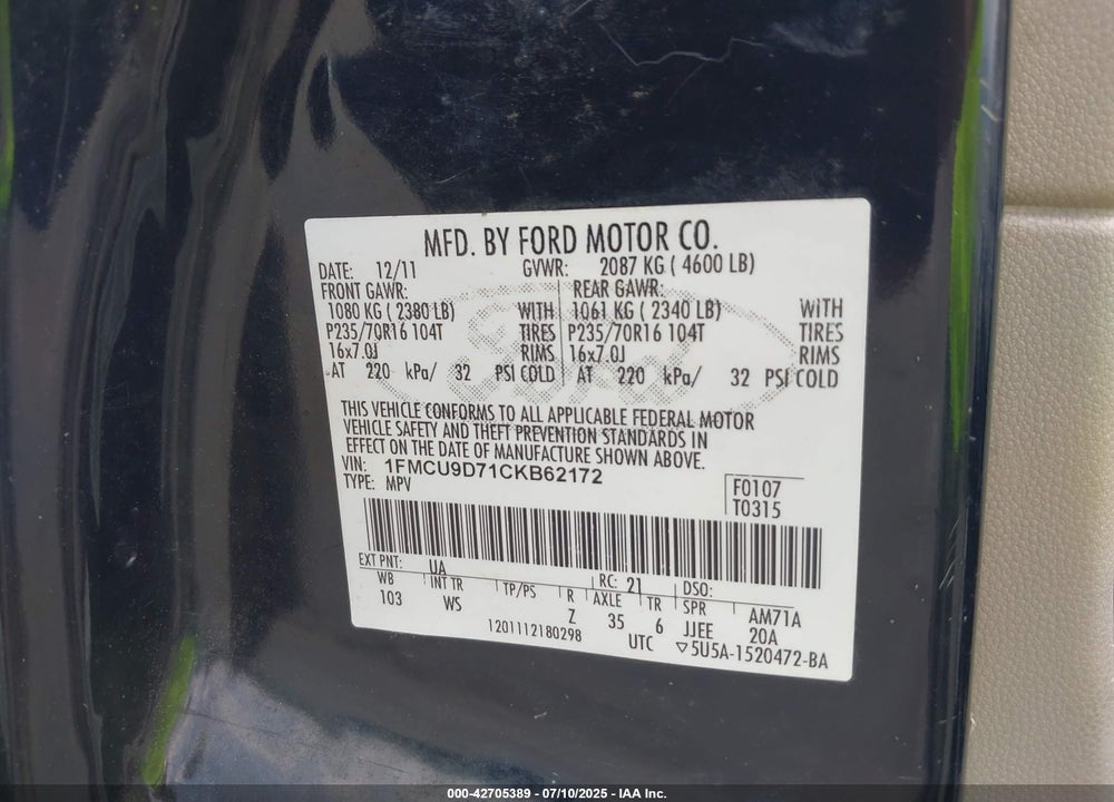 2012 FORD ESCAPE VIN: 1FMCU9D71CKB62172