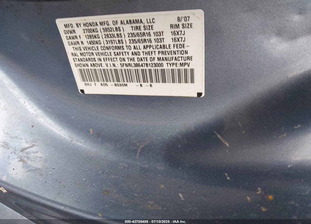 2007 HONDA ODYSSEY VIN: 5FNRL38647B123000