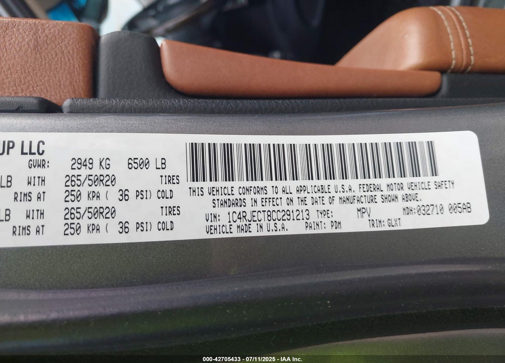 2012 JEEP GRAND CHEROKEE VIN: 1C4RJECT8CC291213