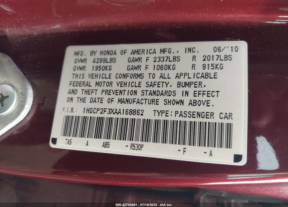 2010 HONDA ACCORD VIN: 1HGCP2F3XAA168862