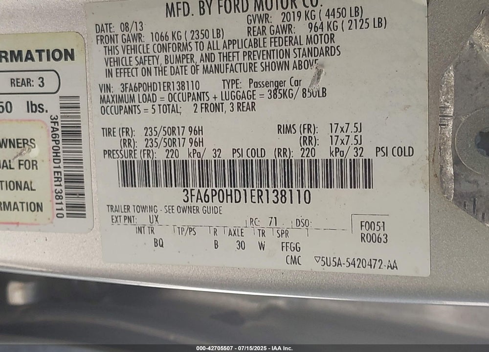 2014 FORD FUSION VIN: 3FA6P0HD1ER138110