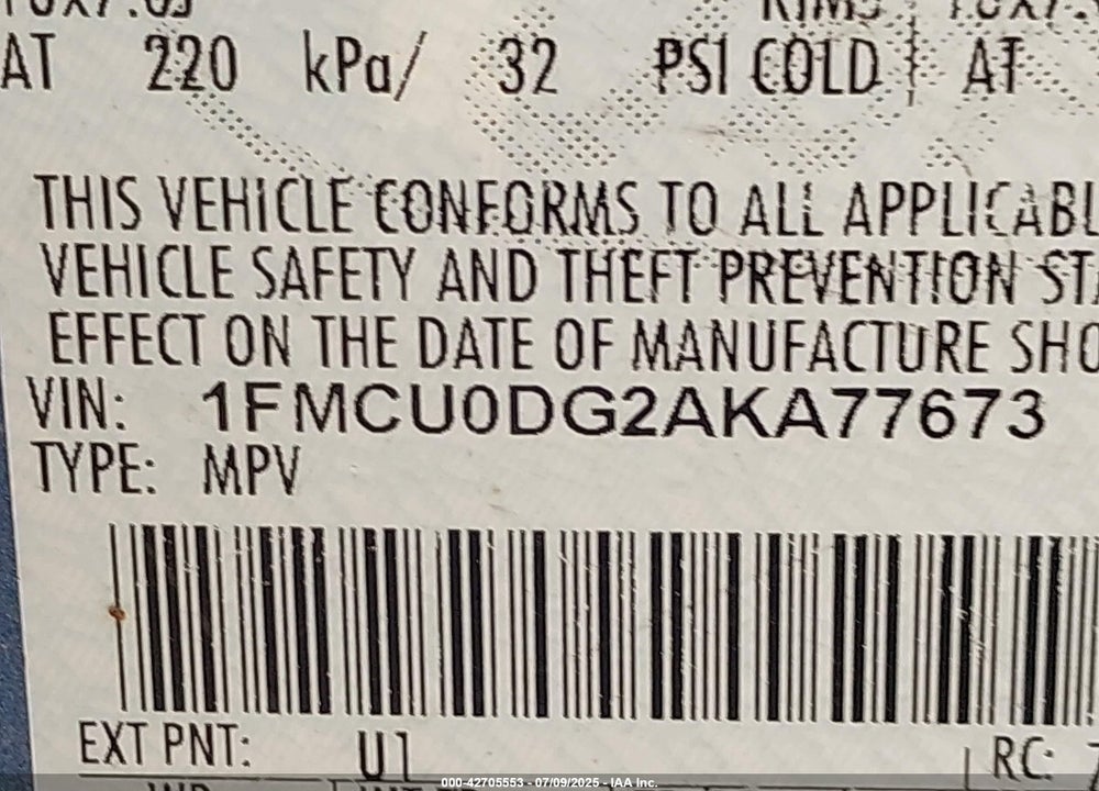 2010 FORD ESCAPE VIN: 1FMCU0DG2AKA77673