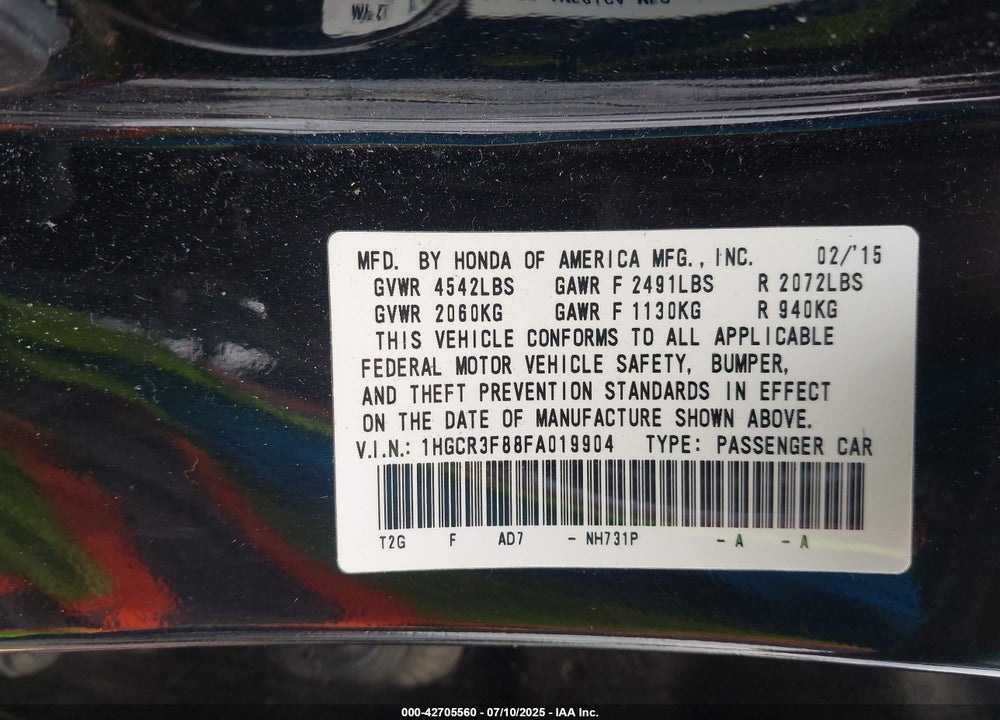 2015 HONDA ACCORD VIN: 1HGCR3F88FA019904