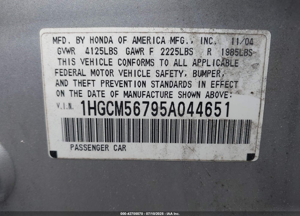 2005 HONDA ACCORD 2.4 EX VIN: 1HGCM56795A044651