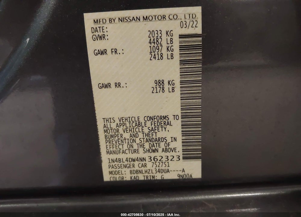 2022 NISSAN ALTIMA VIN: 1N4BL4DW4NN362323