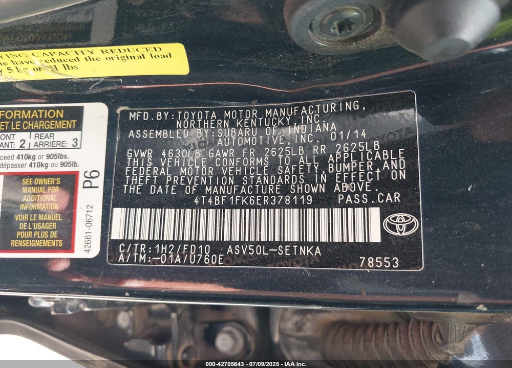 2014 TOYOTA CAMRY VIN: 4T4BF1FK6ER378119