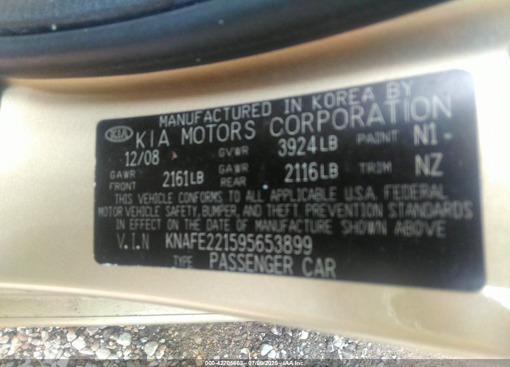 2009 KIA SPECTRA EX VIN: KNAFE221595653899