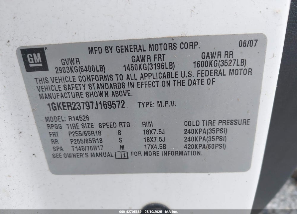 2007 GMC ACADIA SLT-1 VIN: 1GKER23797J169572