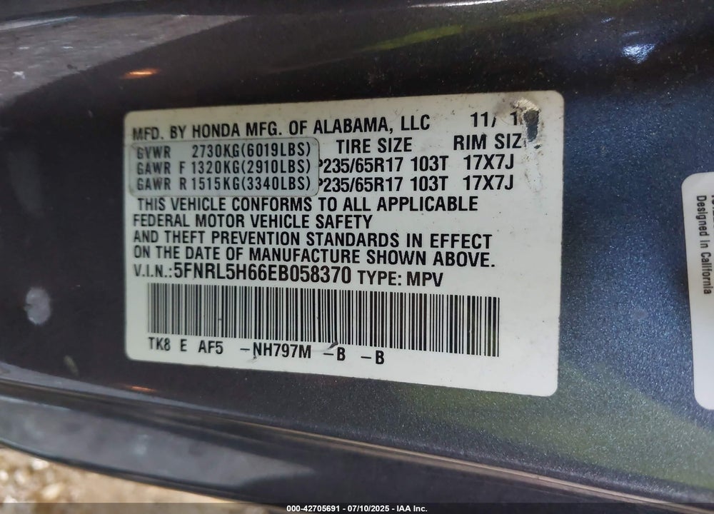 2014 HONDA ODYSSEY EX-L VIN: 5FNRL5H66EB058370