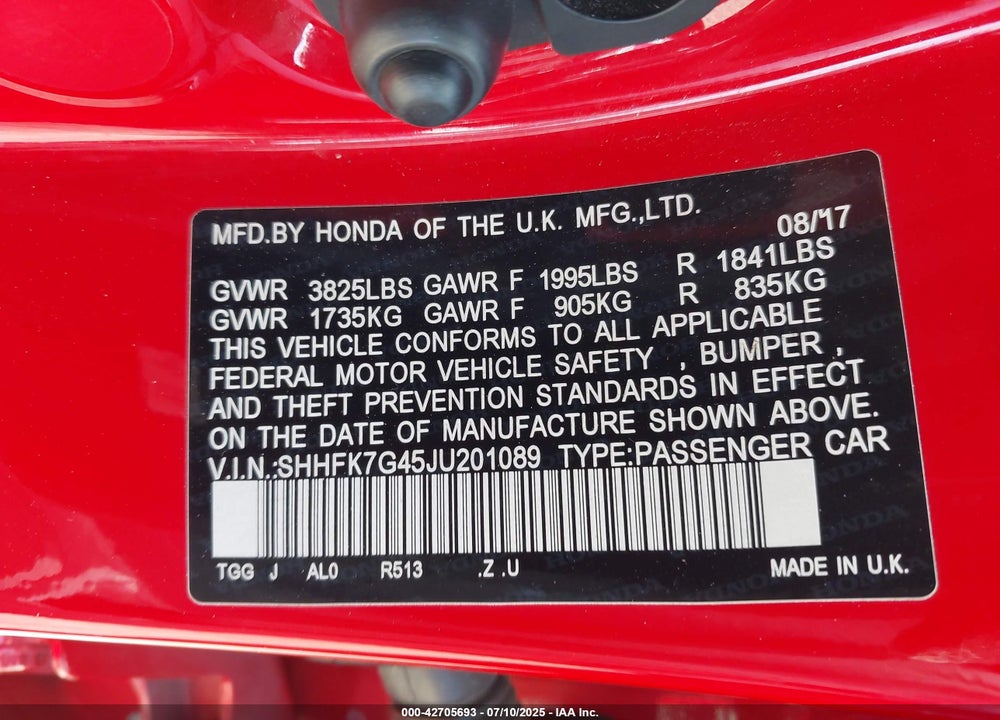 2018 HONDA CIVIC SPORT VIN: SHHFK7G45JU201089
