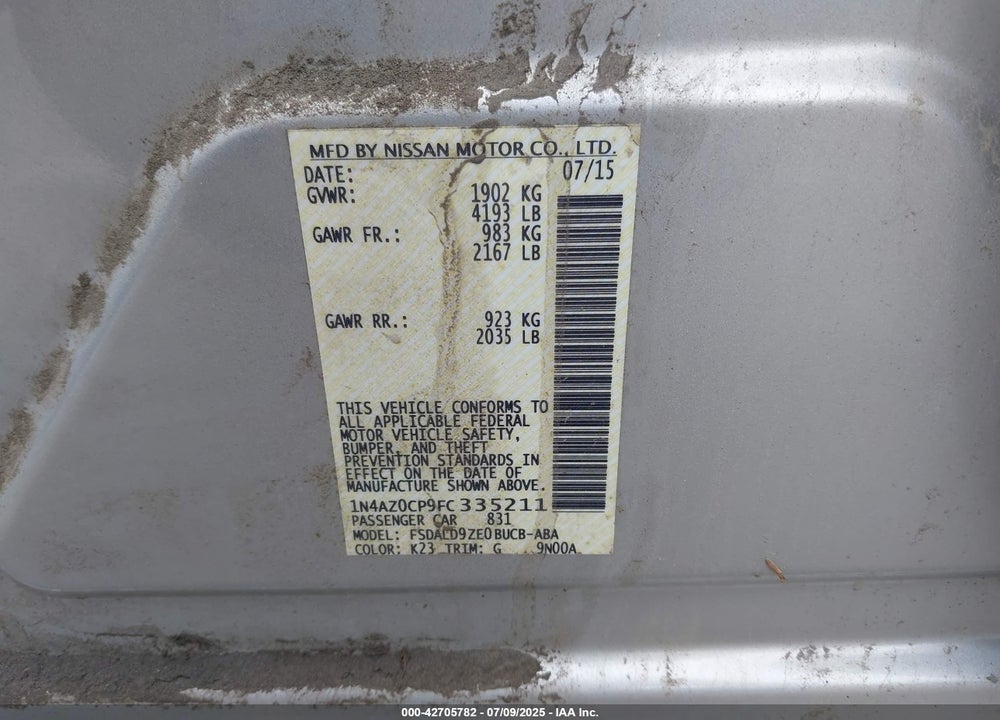 2015 NISSAN LEAF VIN: 1N4AZ0CP9FC335211