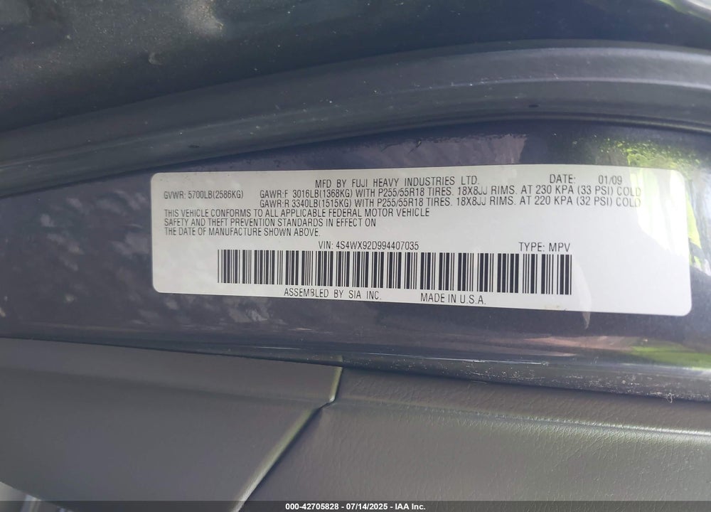 2009 SUBARU TRIBECA VIN: 4S4WX92D994407035