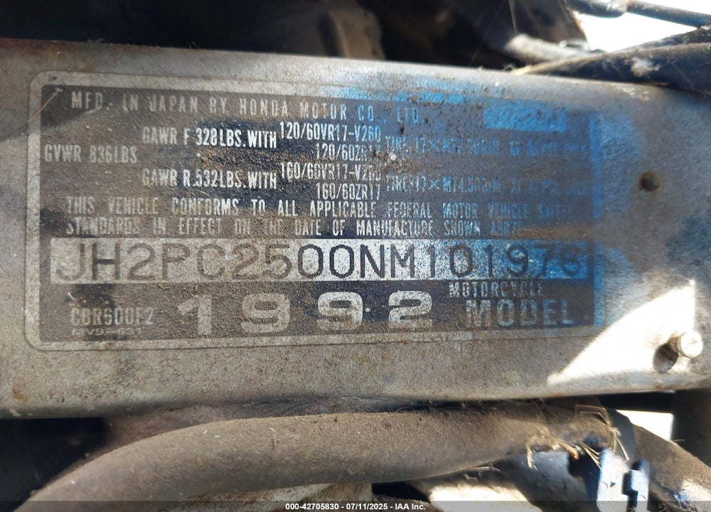 1992 HONDA CBR600 F2 VIN: JH2PC2500NM101976
