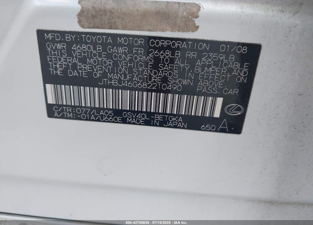 2008 LEXUS ES 350 VIN: JTHBJ46G682210490