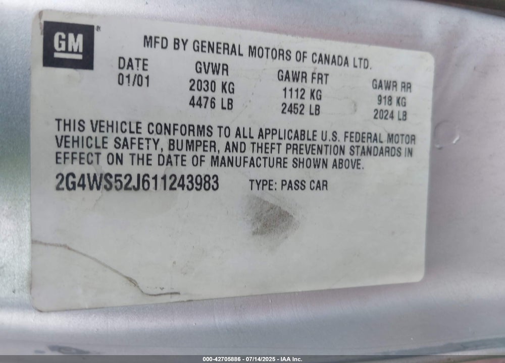 2001 BUICK CENTURY CUSTOM VIN: 2G4WS52J611243983