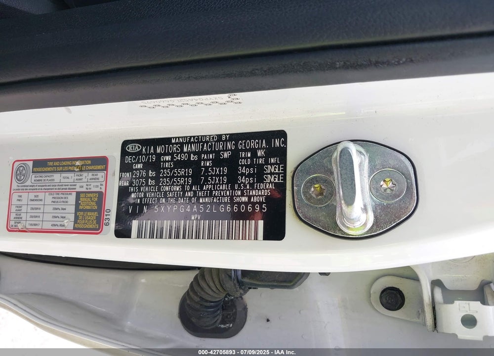 2020 KIA SORENTO VIN: 5XYPG4A52LG660695