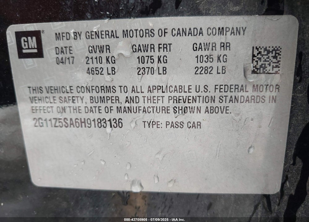 2017 CHEVROLET IMPALA VIN: 2G11Z5SA6H9183136