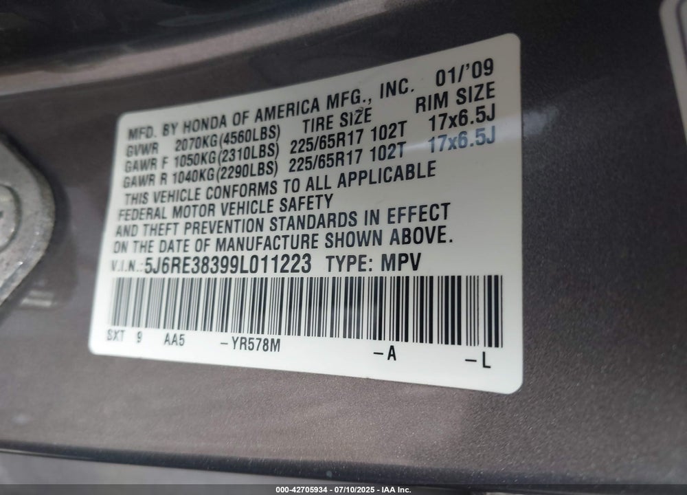 2009 HONDA CR-V VIN: 5J6RE38399L011223