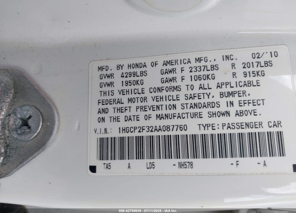 2010 HONDA ACCORD VIN: 1HGCP2F32AA087760