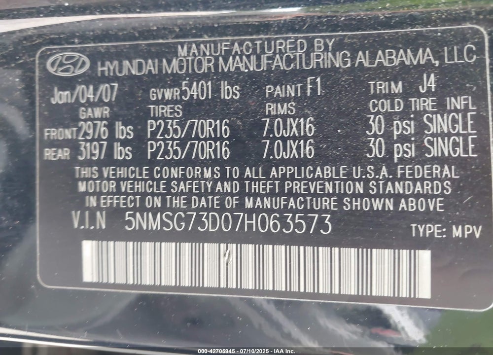 2007 HYUNDAI SANTA FE VIN: 5NMSG73D07H063573