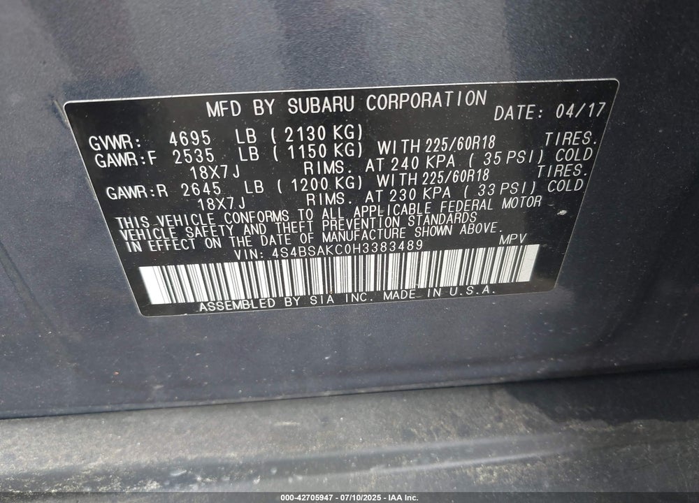 2017 SUBARU OUTBACK VIN: 4S4BSAKC0H3383489