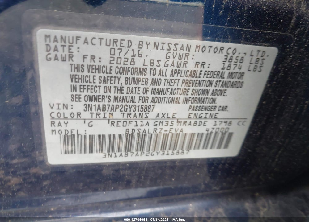 2016 NISSAN SENTRA VIN: 3N1AB7AP2GY315887