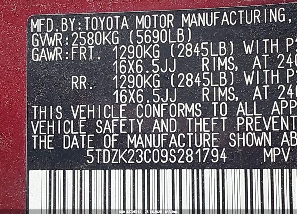 2009 TOYOTA SIENNA LE VIN: 5TDZK23C09S281794