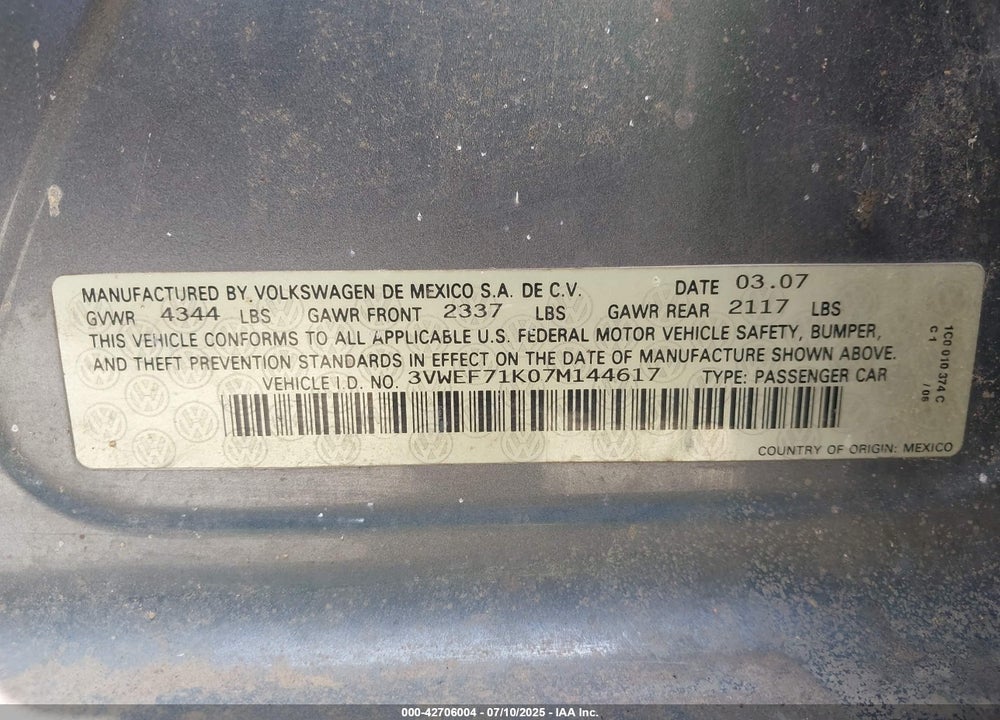 2007 VOLKSWAGEN JETTA WOLFSBURG EDITION VIN: 3VWEF71K07M144617
