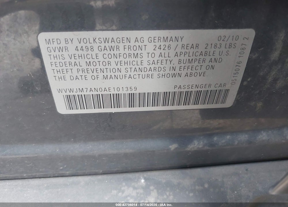2010 VOLKSWAGEN PASSAT VIN: WVWJM7AN0AE101359